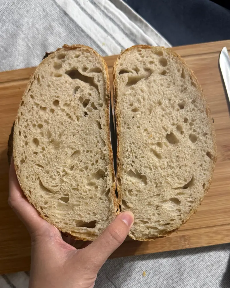 A sourdough loaf cut in half, showing an open, airy crumb